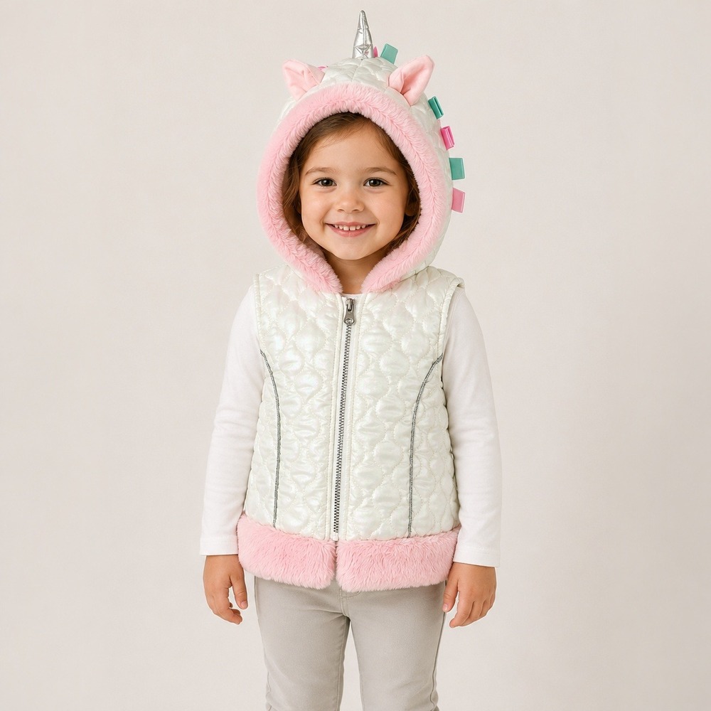 Little Lass Girls Unicorn Hooded Quilted Vest Iridescent Pink Faux Fur 4T